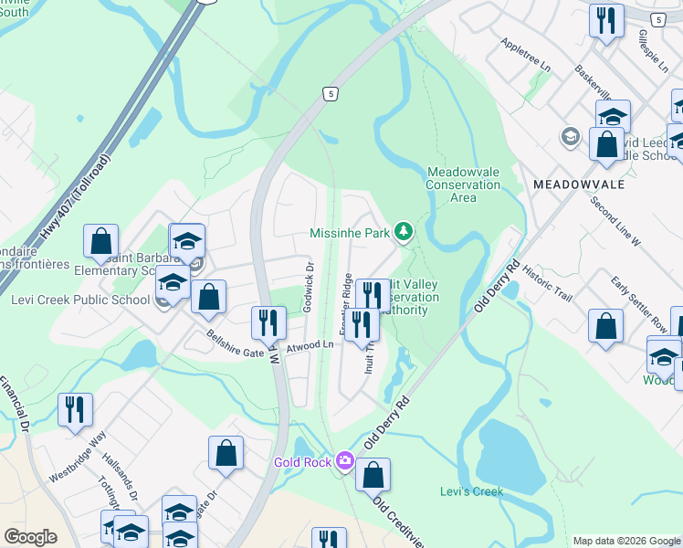 map of restaurants, bars, coffee shops, grocery stores, and more near 7210 Frontier Ridge in Mississauga