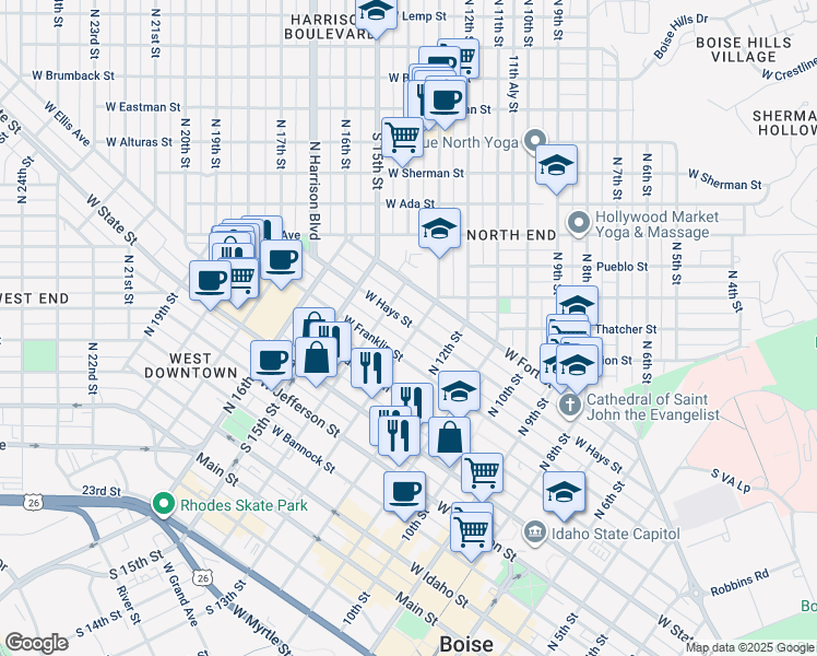map of restaurants, bars, coffee shops, grocery stores, and more near 1316 West Hays Street in Boise