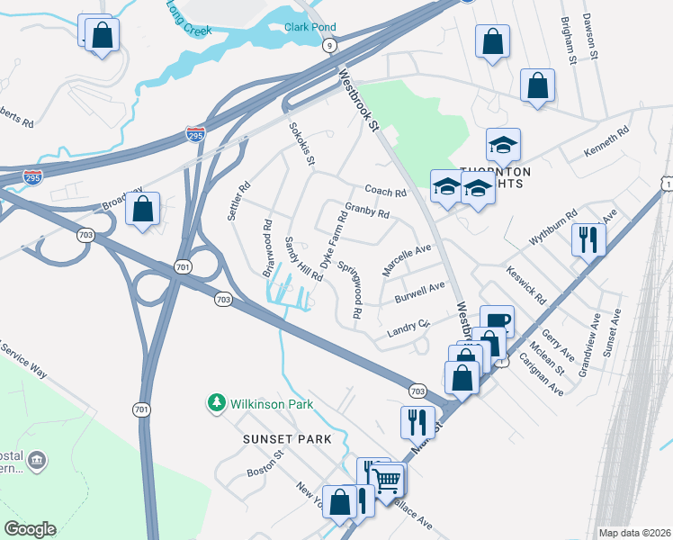 map of restaurants, bars, coffee shops, grocery stores, and more near 65 Dyke Farm Road in South Portland