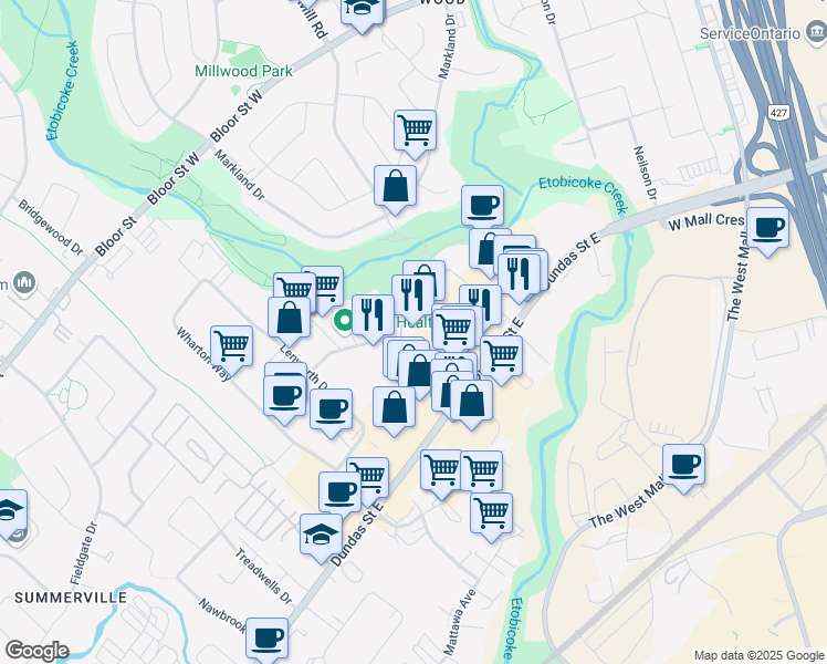 map of restaurants, bars, coffee shops, grocery stores, and more near 3089 Universal Drive in Mississauga
