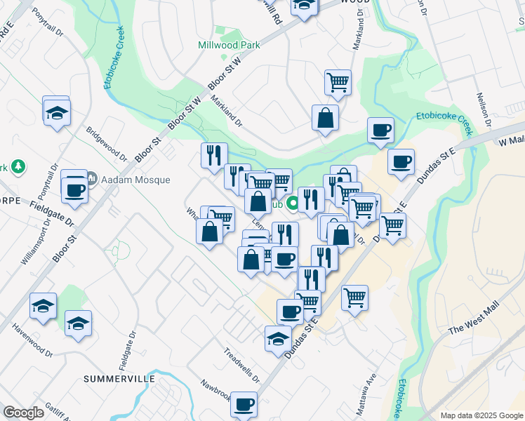 map of restaurants, bars, coffee shops, grocery stores, and more near 3171 Lenworth Drive in Mississauga