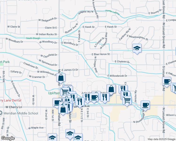 map of restaurants, bars, coffee shops, grocery stores, and more near 2189 North Arrow Wood Avenue in Meridian