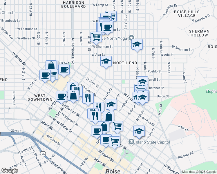 map of restaurants, bars, coffee shops, grocery stores, and more near 1207 West Fort Street in Boise