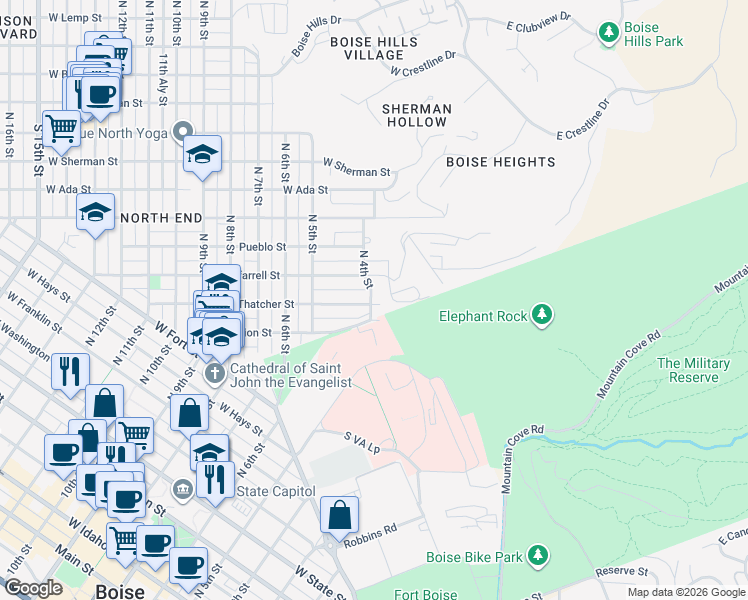 map of restaurants, bars, coffee shops, grocery stores, and more near 317 Ofarrell Street in Boise