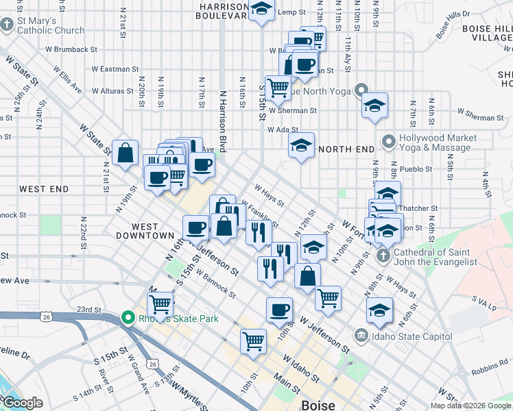 map of restaurants, bars, coffee shops, grocery stores, and more near 1402 West Franklin Street in Boise