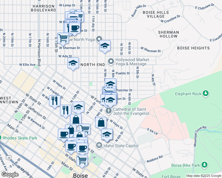 map of restaurants, bars, coffee shops, grocery stores, and more near 1114 North 8th Street in Boise