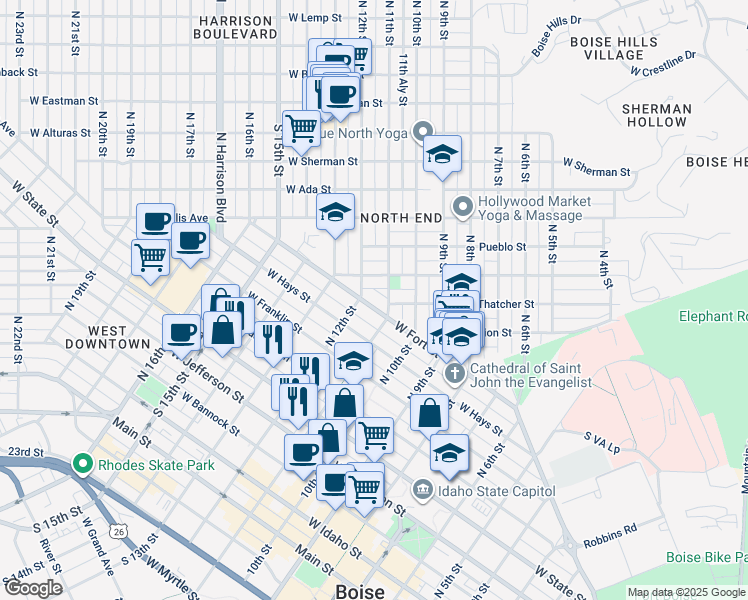 map of restaurants, bars, coffee shops, grocery stores, and more near 914 North 12th Street in Boise