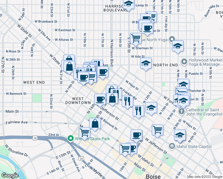 map of restaurants, bars, coffee shops, grocery stores, and more near 1502 West Franklin Street in Boise