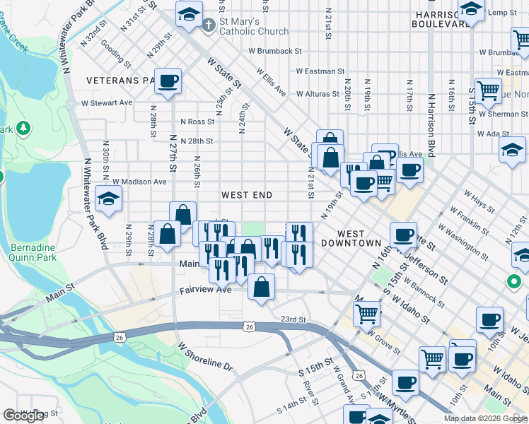map of restaurants, bars, coffee shops, grocery stores, and more near 2301 West Jefferson Street in Boise