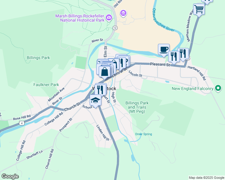 map of restaurants, bars, coffee shops, grocery stores, and more near in Woodstock