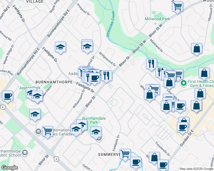 map of restaurants, bars, coffee shops, grocery stores, and more near 1750 Bloor Street in Mississauga