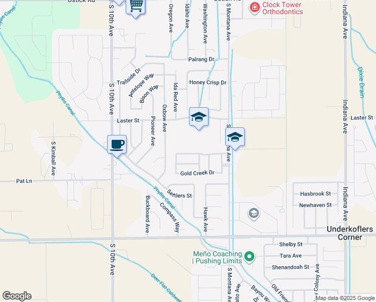 map of restaurants, bars, coffee shops, grocery stores, and more near 1005 Flint Drive in Caldwell