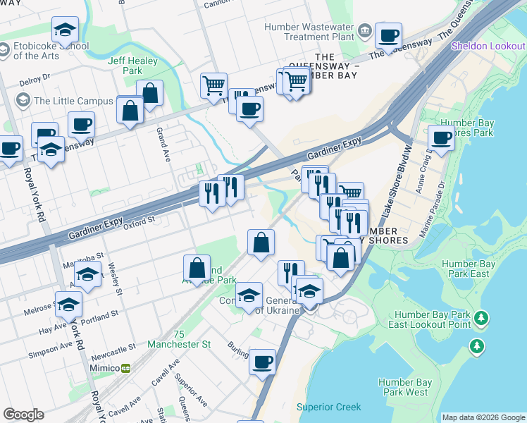 map of restaurants, bars, coffee shops, grocery stores, and more near 185 Legion Road North in Toronto