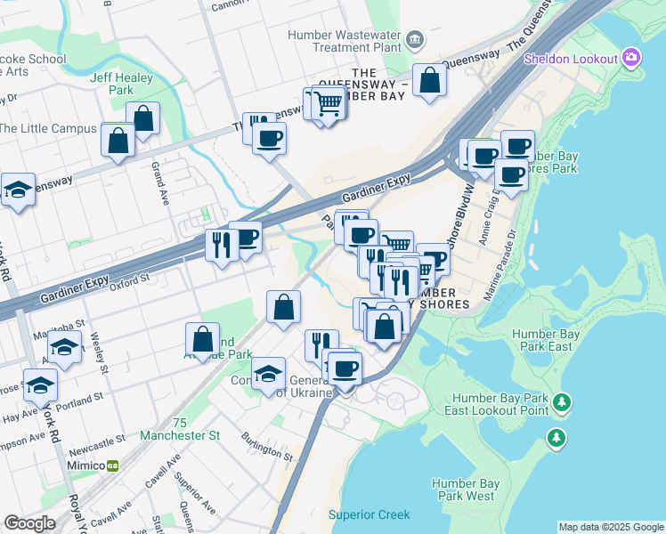 map of restaurants, bars, coffee shops, grocery stores, and more near 88 Park Lawn Road in Toronto