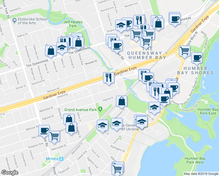 map of restaurants, bars, coffee shops, grocery stores, and more near 264 Manitoba Street in Toronto