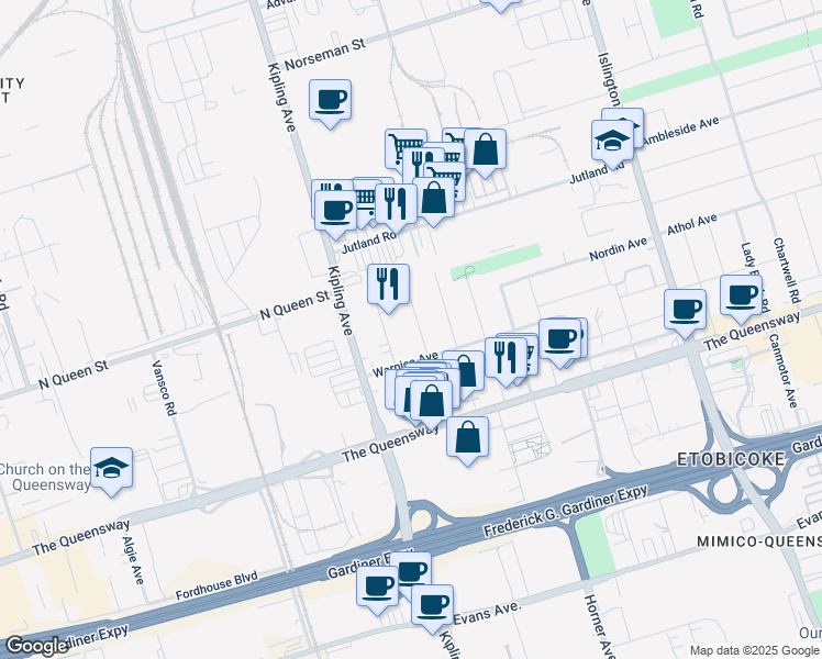 map of restaurants, bars, coffee shops, grocery stores, and more near 44 Culnan Avenue in Toronto