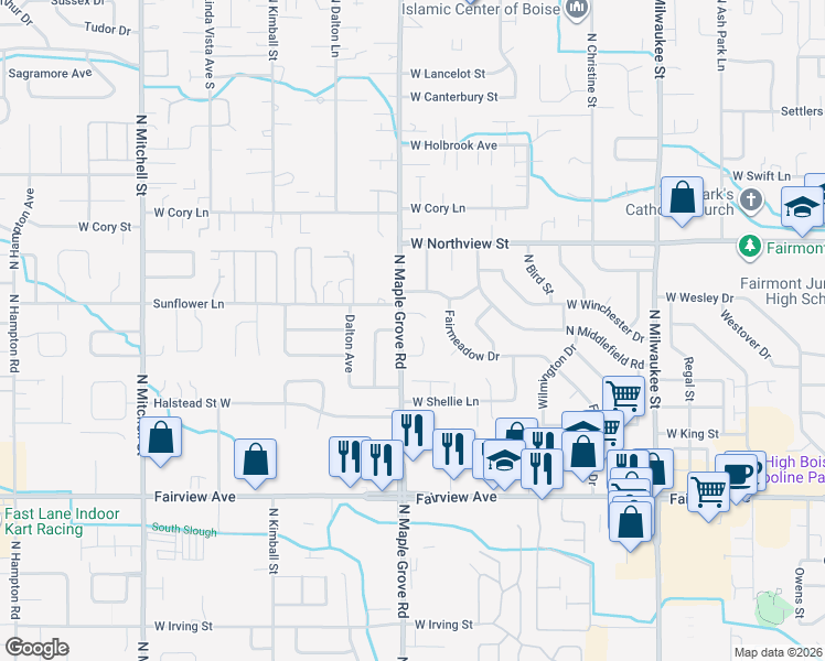map of restaurants, bars, coffee shops, grocery stores, and more near 8906 West Landmark Court in Boise
