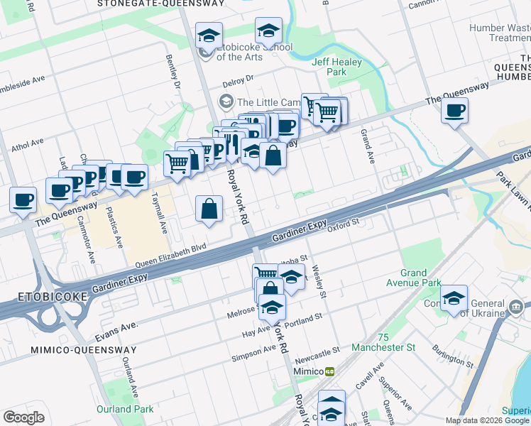 map of restaurants, bars, coffee shops, grocery stores, and more near 43 Morgan Avenue in Toronto