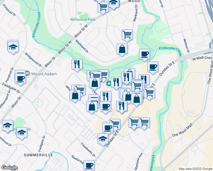 map of restaurants, bars, coffee shops, grocery stores, and more near 3135 Universal Drive in Mississauga