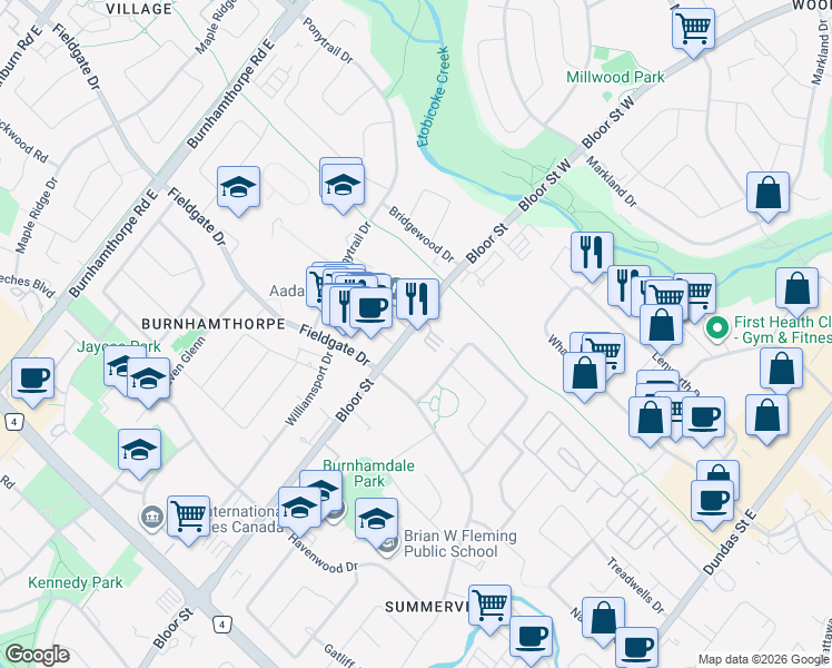 map of restaurants, bars, coffee shops, grocery stores, and more near 1750 Bloor Street in Mississauga
