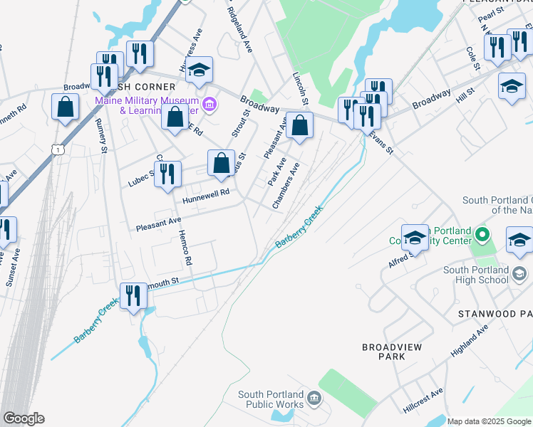 map of restaurants, bars, coffee shops, grocery stores, and more near 2431 Rosedale Avenue in South Portland