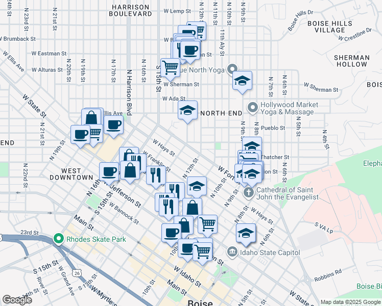 map of restaurants, bars, coffee shops, grocery stores, and more near 815 North 13th Street in Boise