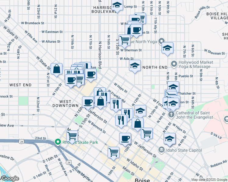 map of restaurants, bars, coffee shops, grocery stores, and more near 1453 West Hays Street in Boise