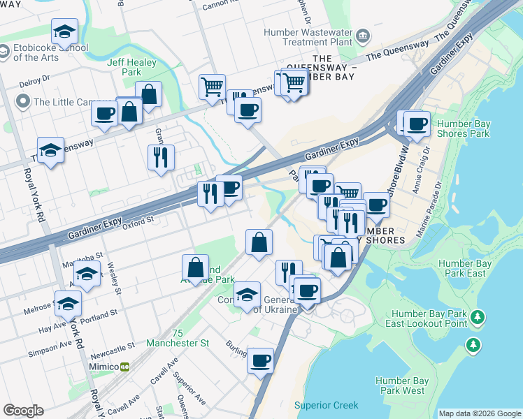 map of restaurants, bars, coffee shops, grocery stores, and more near 165 Legion Road North in Toronto