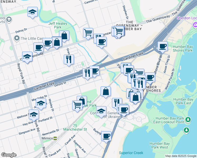map of restaurants, bars, coffee shops, grocery stores, and more near in Toronto