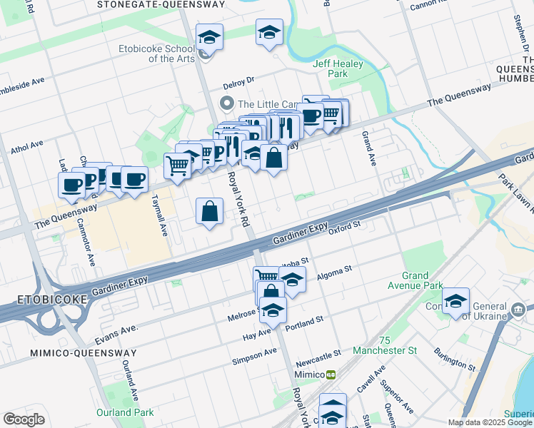 map of restaurants, bars, coffee shops, grocery stores, and more near in Toronto