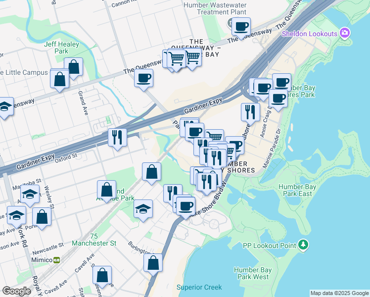 map of restaurants, bars, coffee shops, grocery stores, and more near 88 Park Lawn Road in Toronto