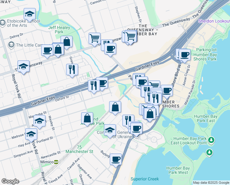 map of restaurants, bars, coffee shops, grocery stores, and more near 165 Legion Road North in Toronto
