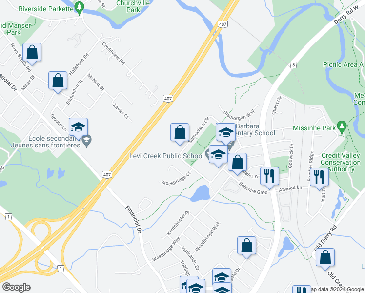 map of restaurants, bars, coffee shops, grocery stores, and more near 1674 Samuelson Circle in Mississauga