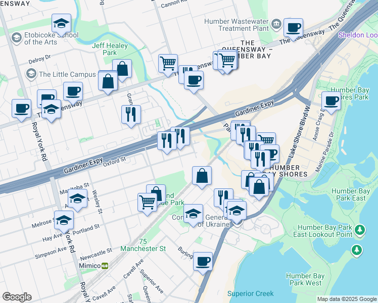map of restaurants, bars, coffee shops, grocery stores, and more near 300 Manitoba Street in Toronto