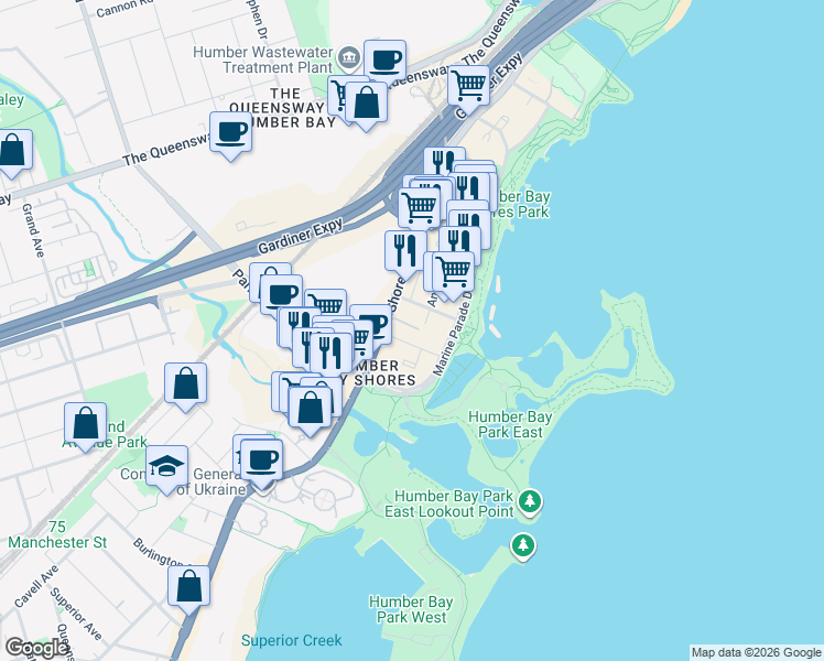 map of restaurants, bars, coffee shops, grocery stores, and more near 33 Shore Breeze Drive in Toronto