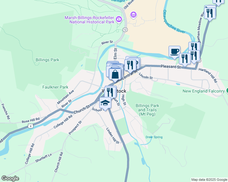 map of restaurants, bars, coffee shops, grocery stores, and more near in Woodstock