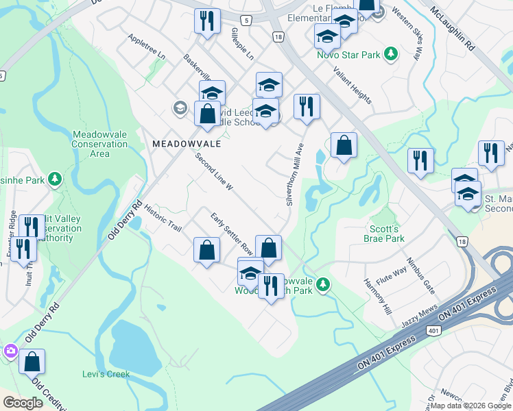 map of restaurants, bars, coffee shops, grocery stores, and more near 6867 Second Line West in Mississauga