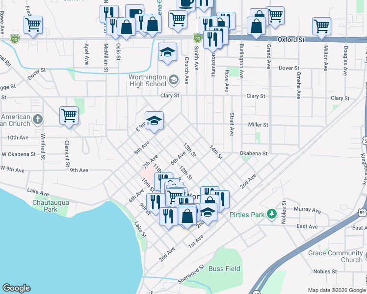 map of restaurants, bars, coffee shops, grocery stores, and more near 627 13th Street in Worthington