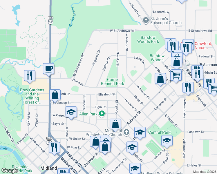 map of restaurants, bars, coffee shops, grocery stores, and more near 998 Helen Street in Midland
