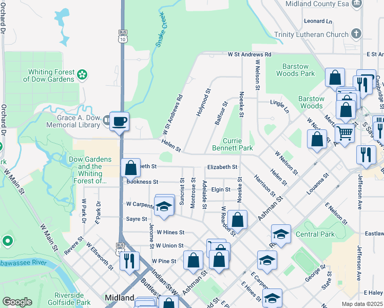 map of restaurants, bars, coffee shops, grocery stores, and more near 1212 Helen Street in Midland