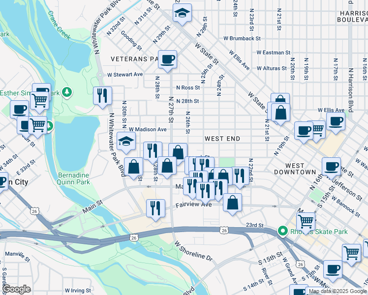 map of restaurants, bars, coffee shops, grocery stores, and more near 2603 West Jefferson Street in Boise