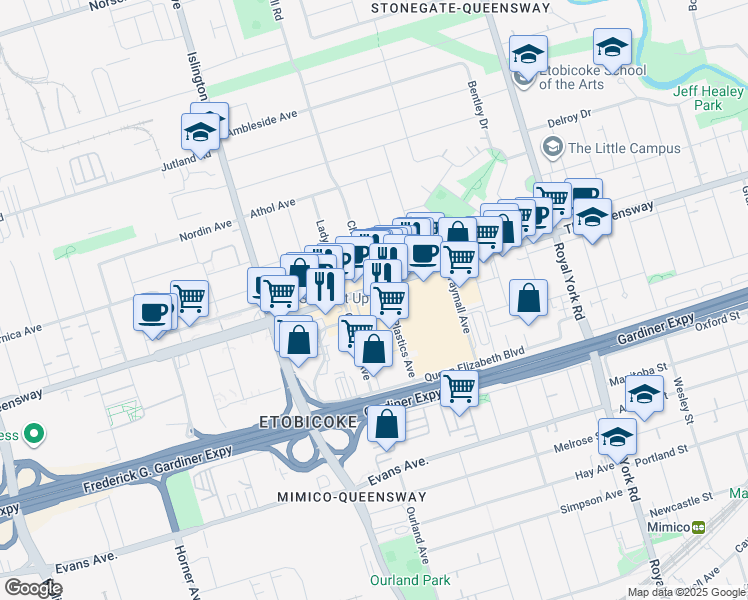 map of restaurants, bars, coffee shops, grocery stores, and more near 859 The Queensway in Toronto