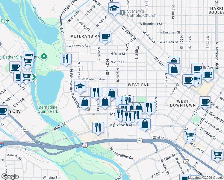 map of restaurants, bars, coffee shops, grocery stores, and more near 2603 West Jefferson Street in Boise