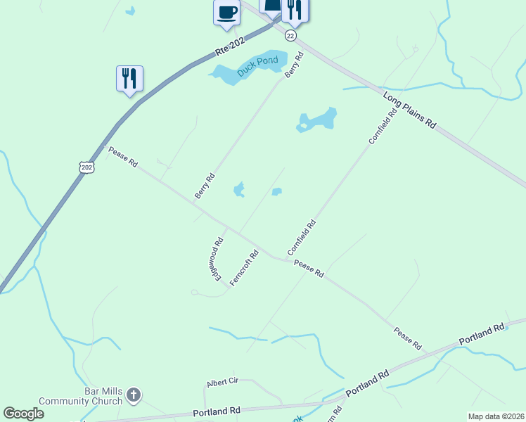 map of restaurants, bars, coffee shops, grocery stores, and more near 94 Pease Road in Buxton