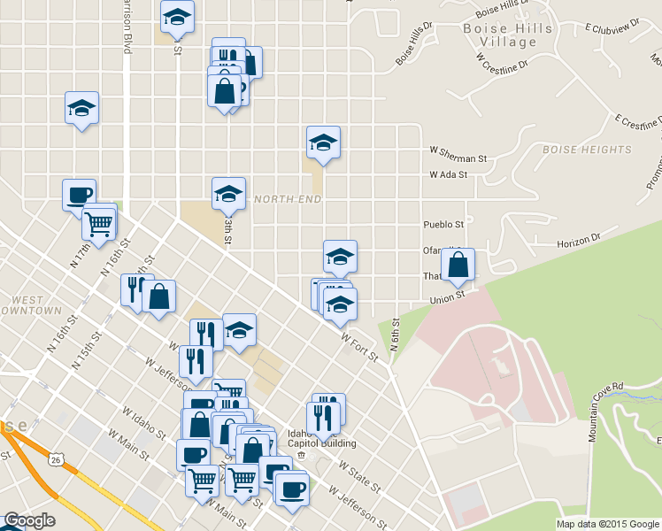 map of restaurants, bars, coffee shops, grocery stores, and more near 1115 North 9th Street in Boise