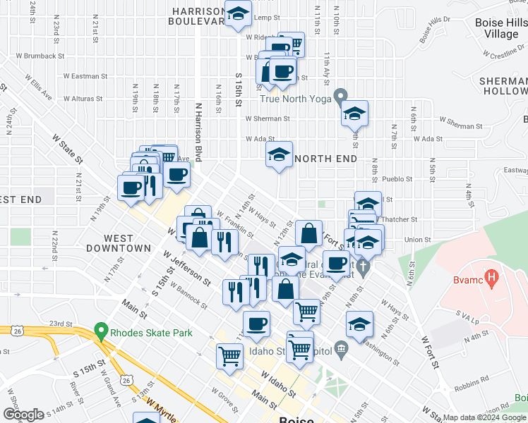 map of restaurants, bars, coffee shops, grocery stores, and more near 1316 West Hays Street in Boise