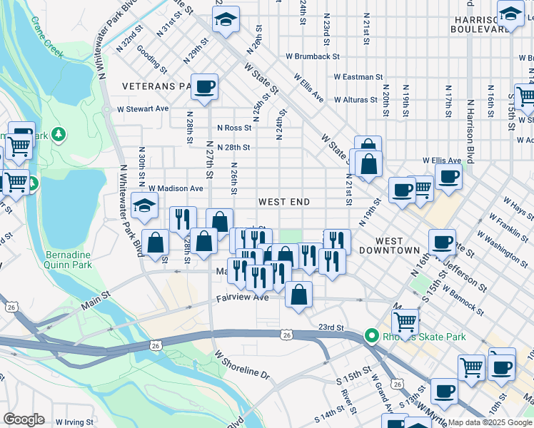 map of restaurants, bars, coffee shops, grocery stores, and more near 2401 West Jefferson Street in Boise