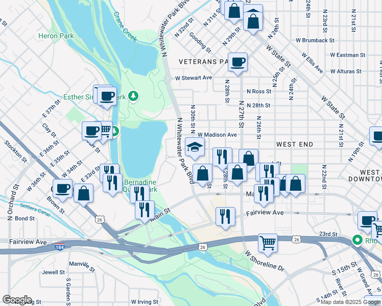 map of restaurants, bars, coffee shops, grocery stores, and more near 2916 West Jefferson Street in Boise