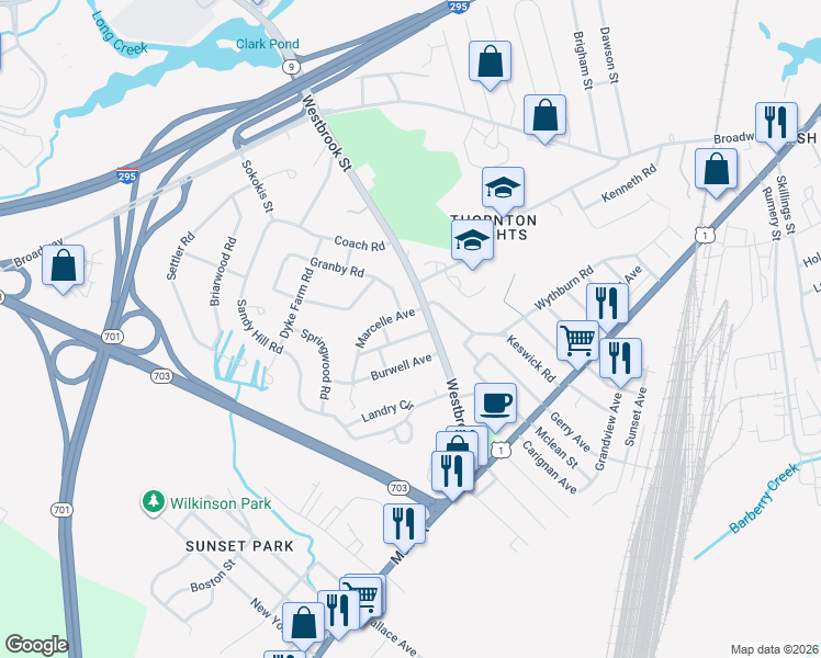 map of restaurants, bars, coffee shops, grocery stores, and more near 16 Marcelle Avenue in South Portland
