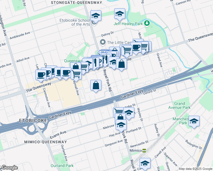 map of restaurants, bars, coffee shops, grocery stores, and more near 522 Royal York Road in Toronto